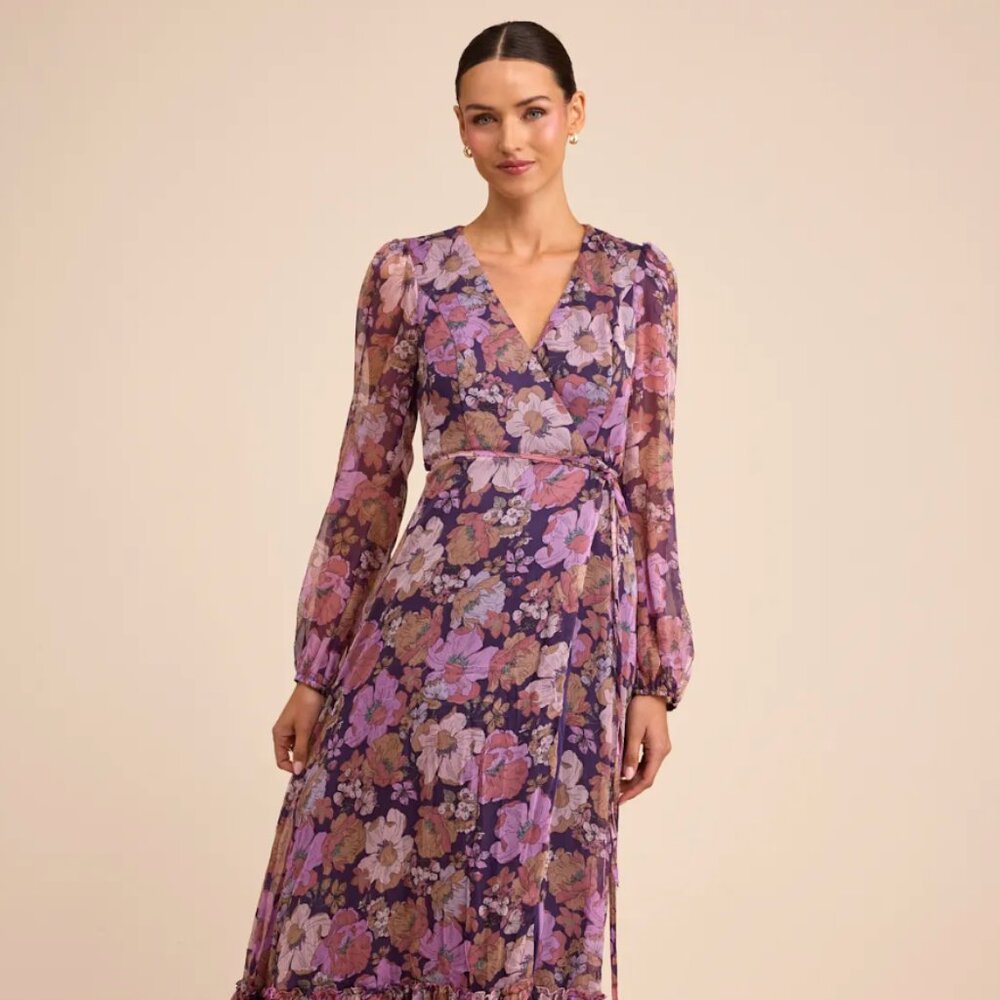 Lulus Feeling Sweet Purple Floral Print Long Sleeve Wrap Maxi Dress - Size S